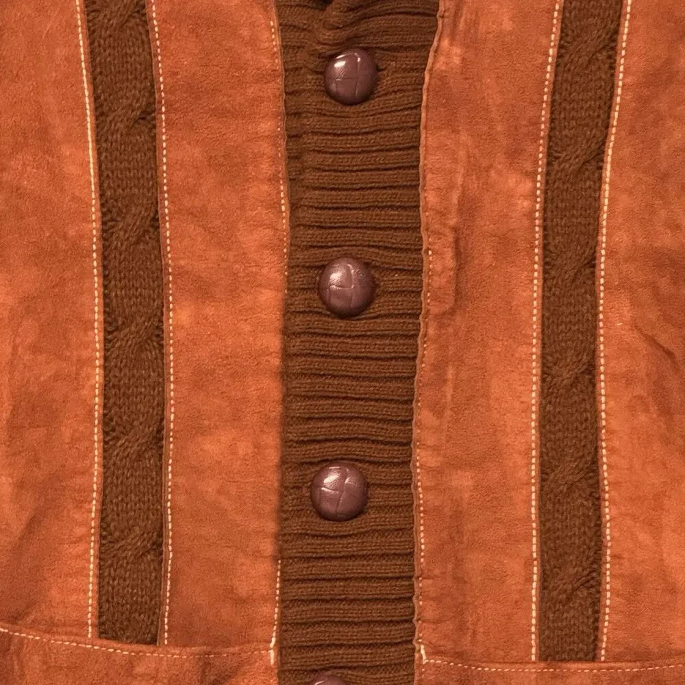 1970s Vintage Brown w Red Suede Front Shawl Cardigan RETRO M Old Grandpa Hipster